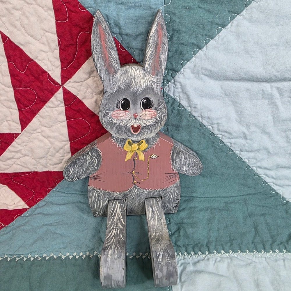 Vintage Hand Painted Wooden Cottagecore Bunny Rabbit Shelf Sitter Grey Pink Vest